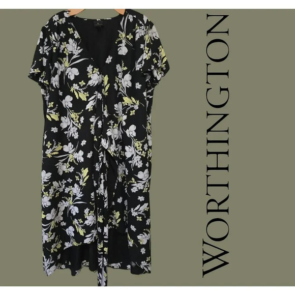 Worthington JCPenney Women's black floral short sleeves wrap dress xl - Picture 12 of 12